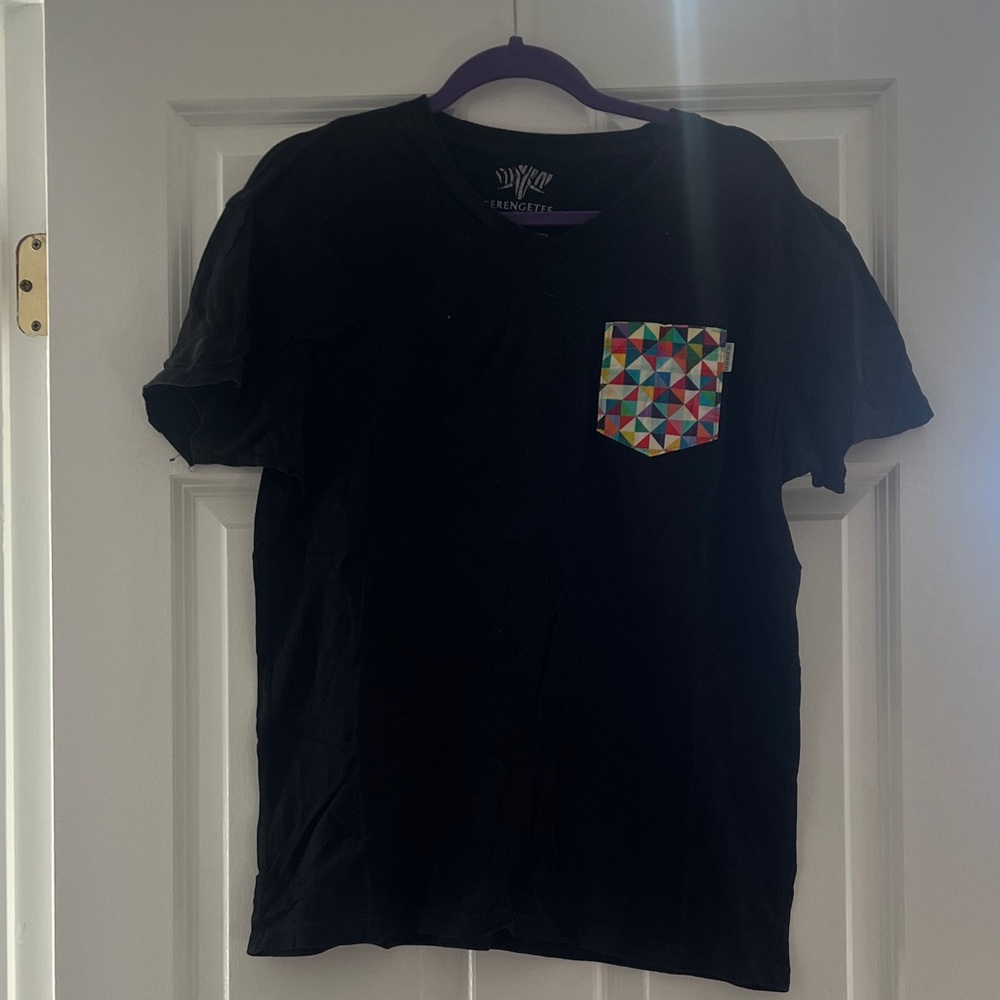 Serengetee Black Tee with Colorful Geometric Pocket Design